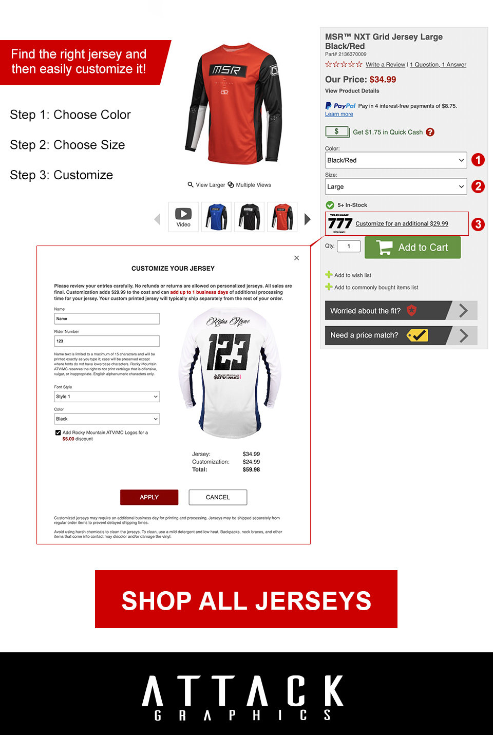 Find the right jersey and then easily customize it, step 1, choose color, step 2, choose size, step 3, cutomize, link, Shop all jerseys